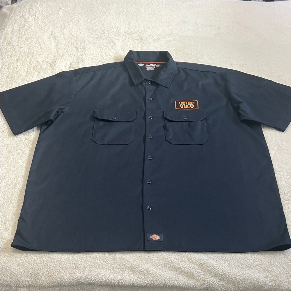 Dickies Navy Blue Short Sleeve Work Button-Down Shirt with Orange Patch